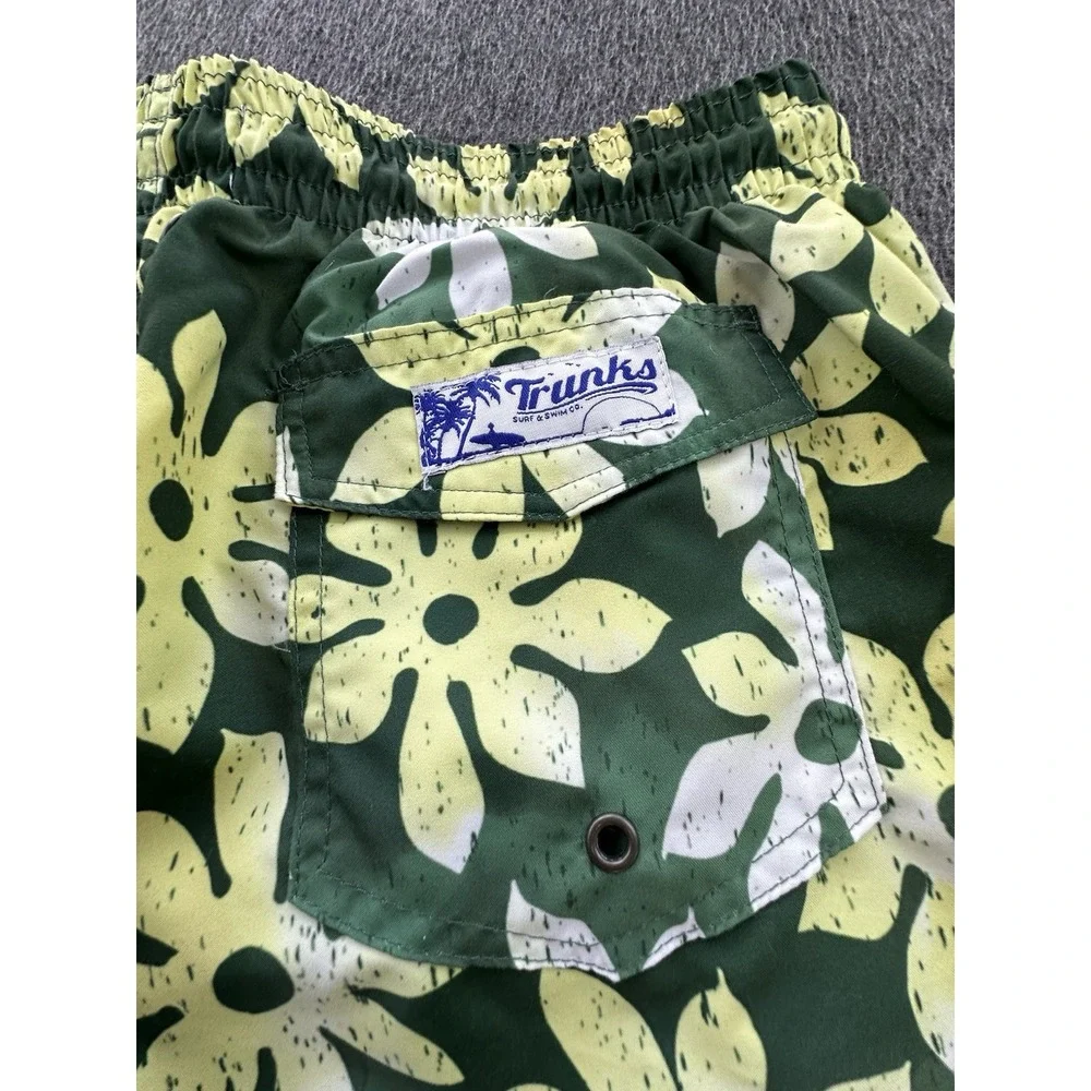 Trunks Swim Shorts Men's Large Green‎ Yellow Floral Quick Dry Elastic Waist